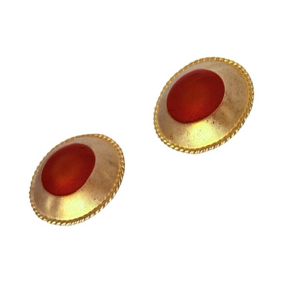 Gold-Tone Button Clip On Earrings 1" Statement Glass Jewelry, Unique - Picture 3 of 11